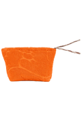 An orange textured pouch with a tonal design, featuring a striped pull tab, shown against a plain white background.