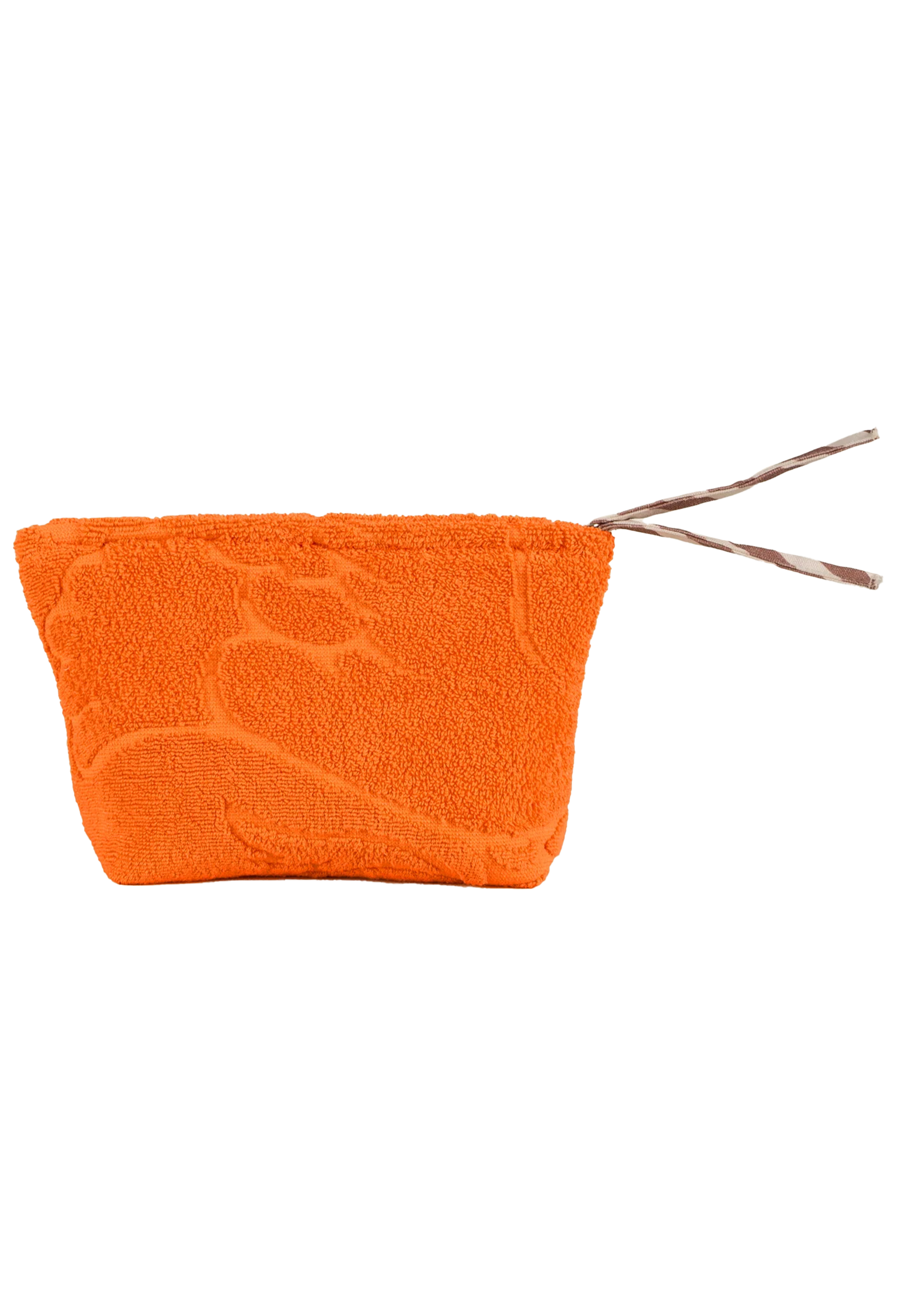 An orange textured pouch with a tonal design, featuring a striped pull tab, shown against a plain white background.