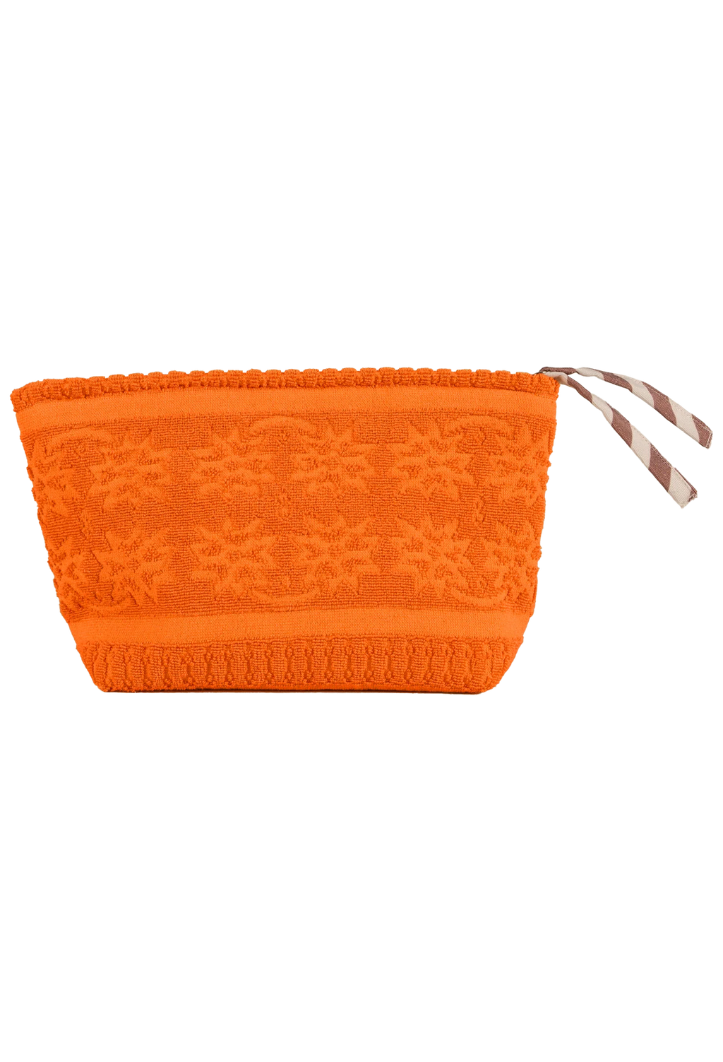 An orange textured pouch with a knitted pattern and a striped zipper pull, shown against a plain white background.