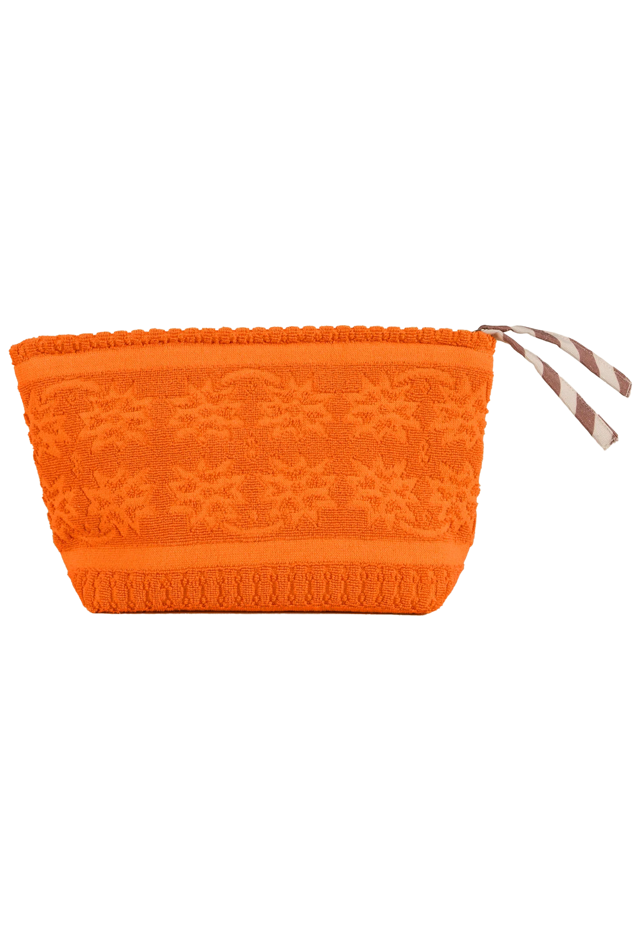 An orange textured pouch with a knitted pattern and a striped zipper pull, shown against a plain white background.