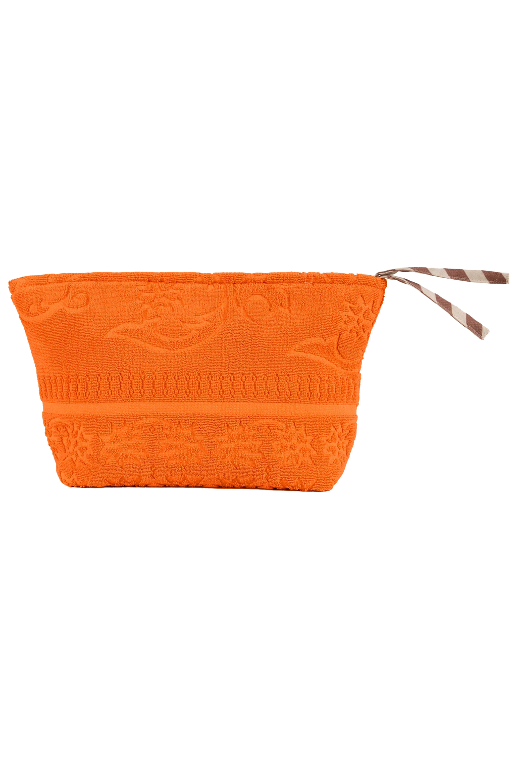 An orange textured pouch with a zipper closure and a brown and white striped pull tab, shown against a plain white background.