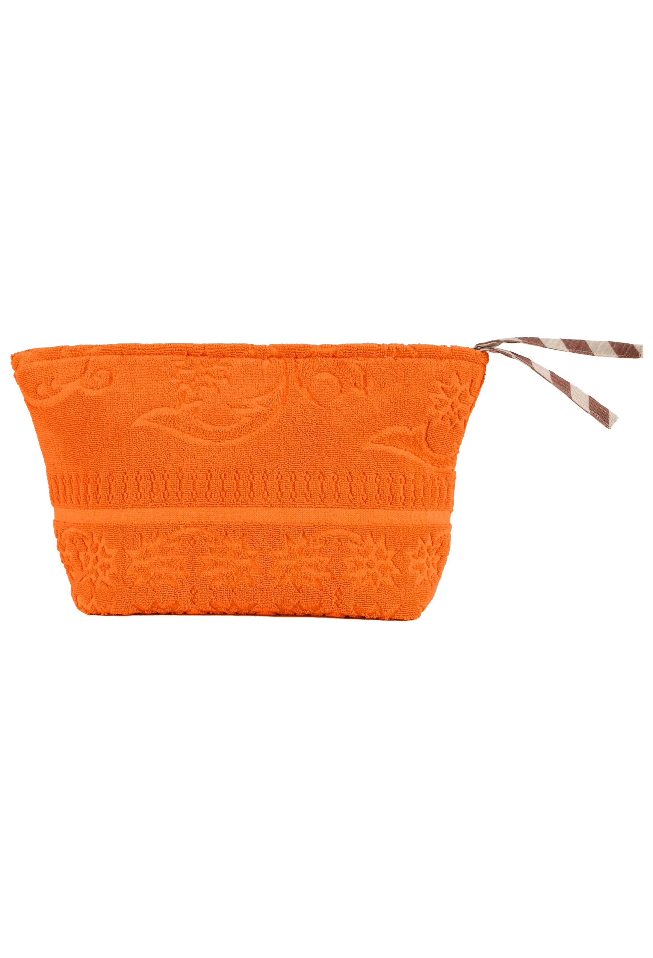 An orange textured pouch with a zipper closure and a brown and white striped pull tab, shown against a plain white background.