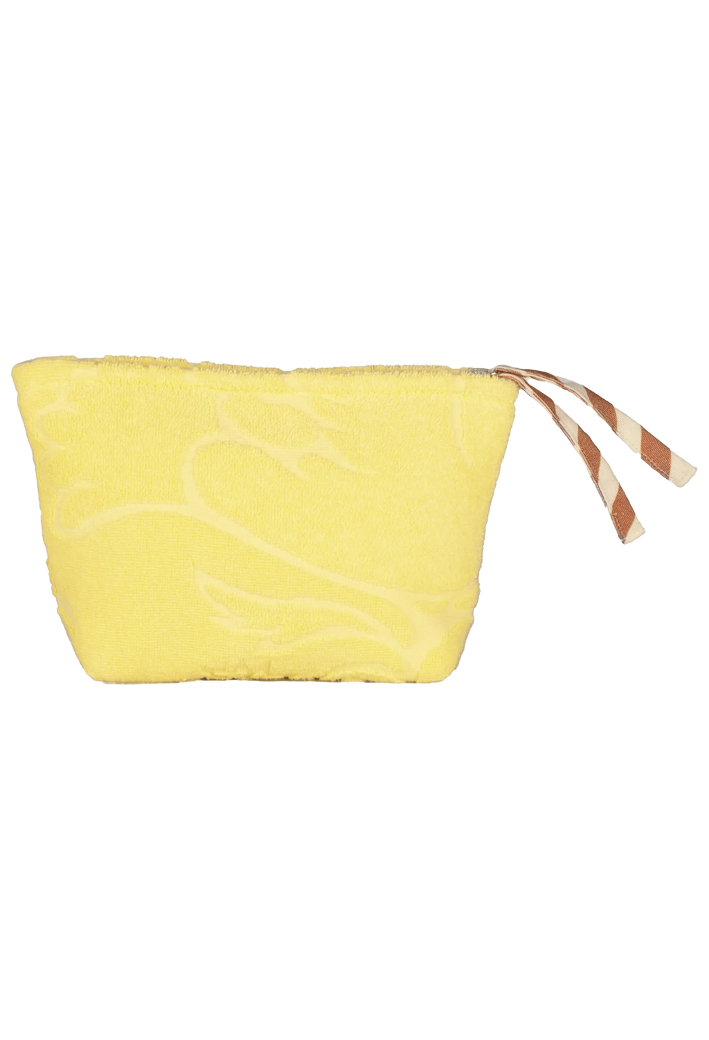 A small yellow clutch bag with a subtle white abstract pattern and a striped pull strap in brown and white, shown on a plain white background.