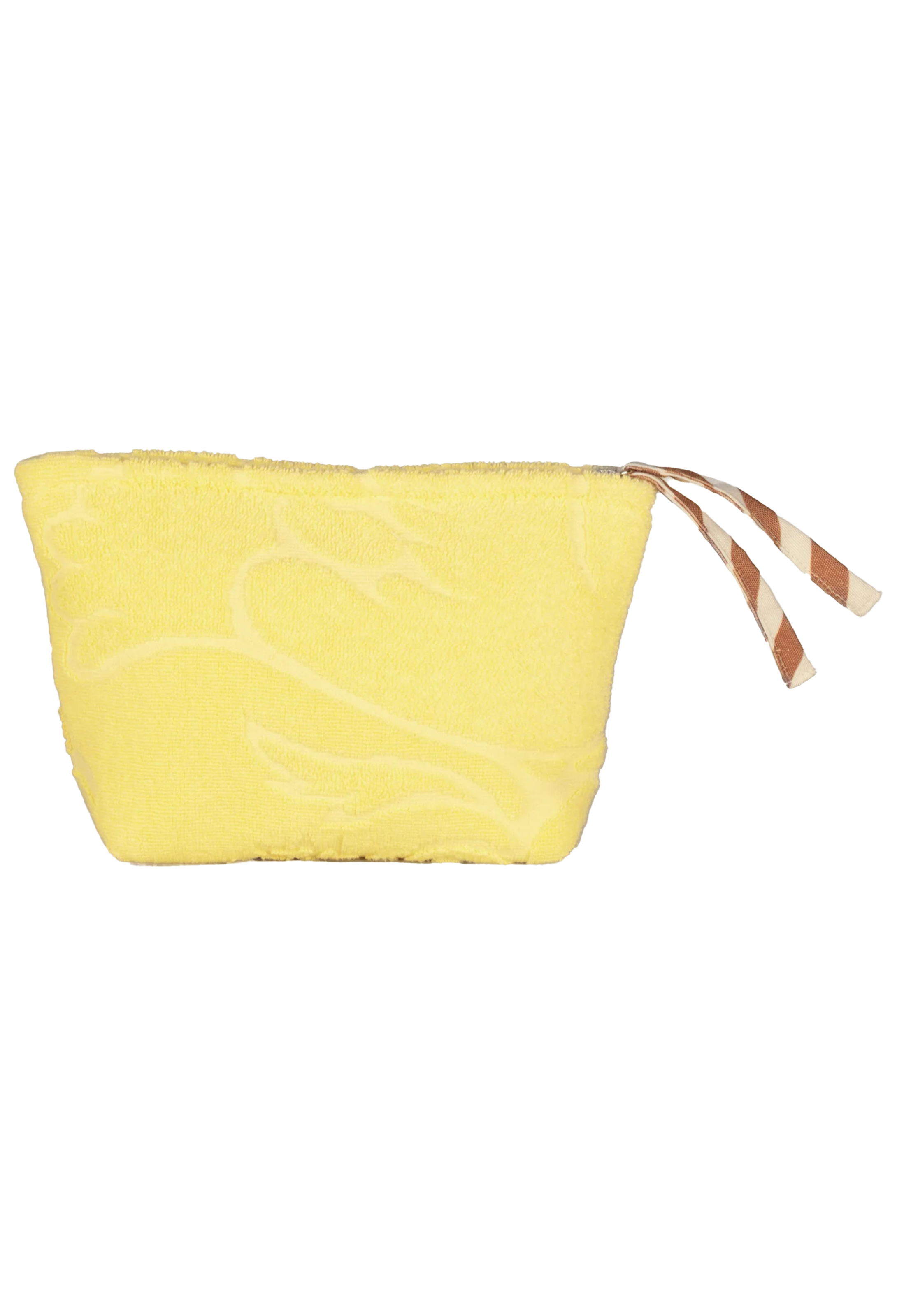 A small yellow clutch bag with a subtle white abstract pattern and a striped pull strap in brown and white, shown on a plain white background.
