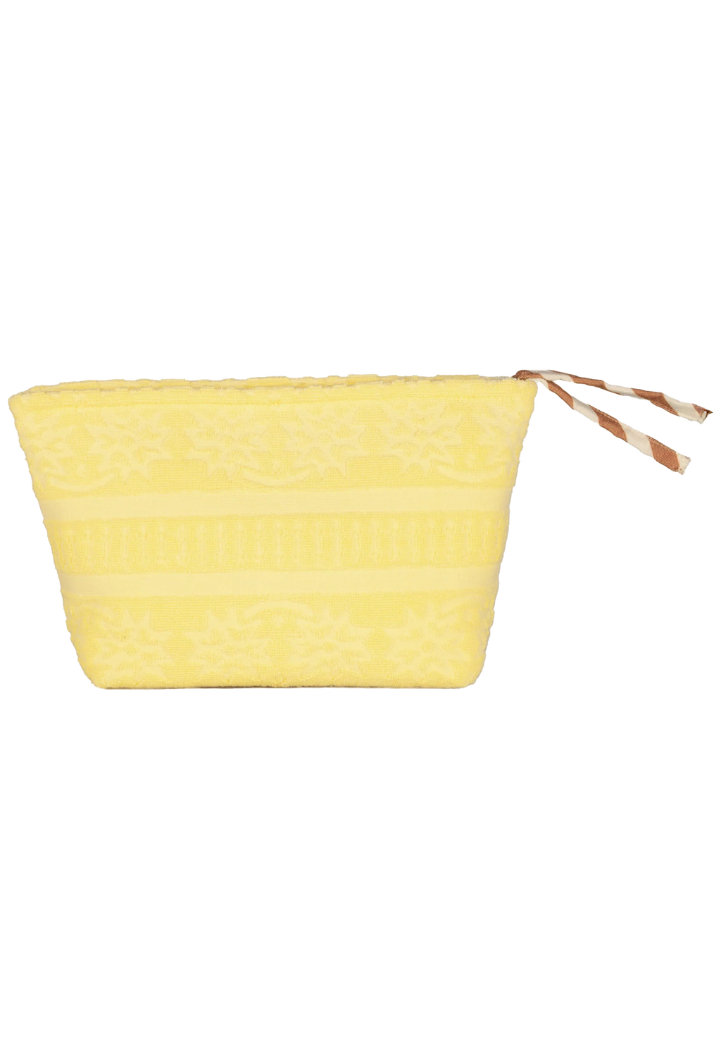A light yellow woven pouch and a brown-and-white striped zipper pull, shown on a plain white background.