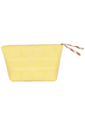 A light yellow woven pouch and a brown-and-white striped zipper pull, shown on a plain white background.