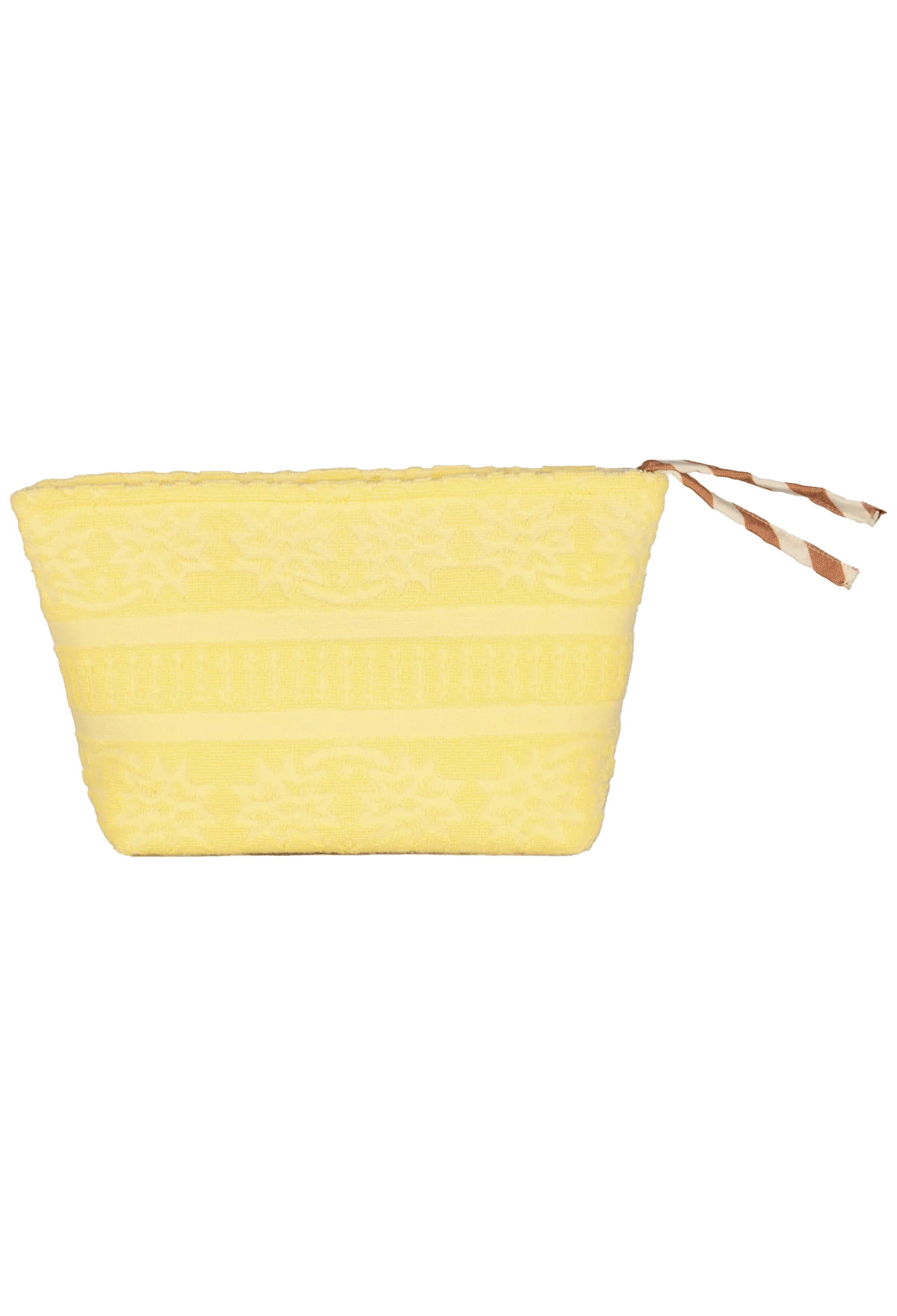 A light yellow woven pouch and a brown-and-white striped zipper pull, shown on a plain white background.