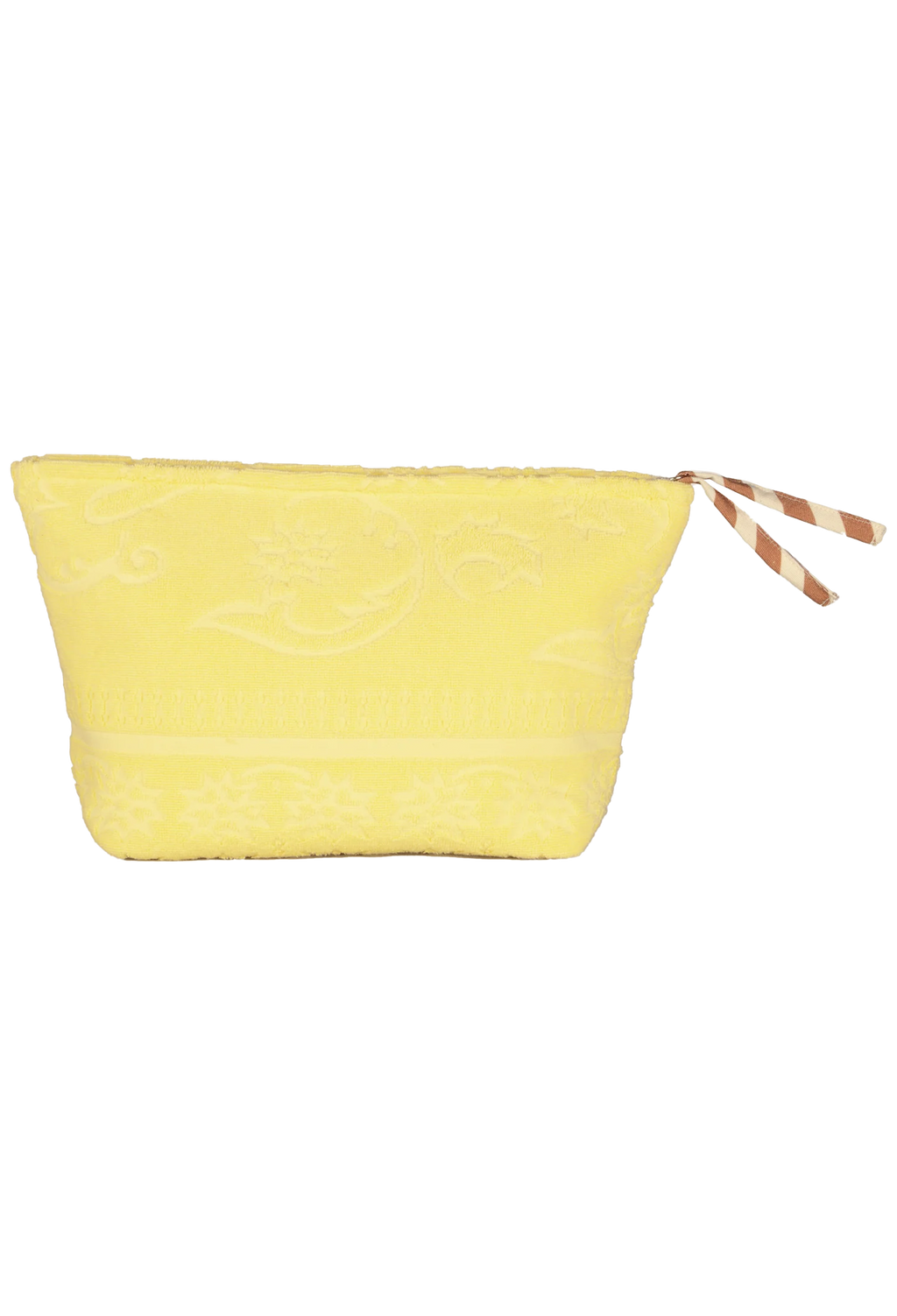 A light yellow fabric pouch with a subtle tonal floral jacquard pattern and a brown-and-white striped zipper pull, shown against a plain white background.