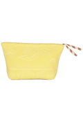 A light yellow fabric pouch with a subtle tonal floral jacquard pattern and a brown-and-white striped zipper pull, shown against a plain white background.