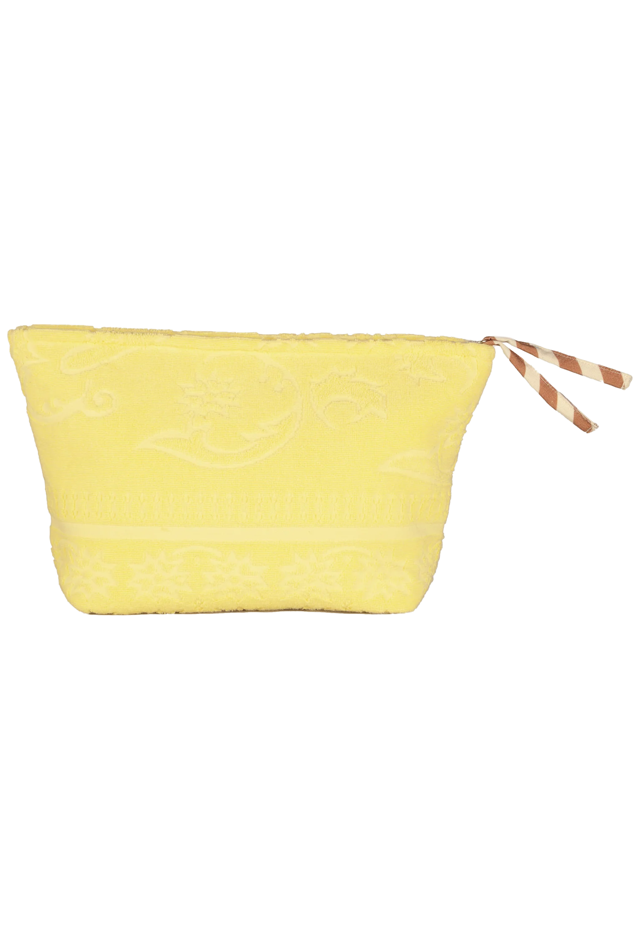 A light yellow fabric pouch with a subtle tonal floral jacquard pattern and a brown-and-white striped zipper pull, shown against a plain white background.