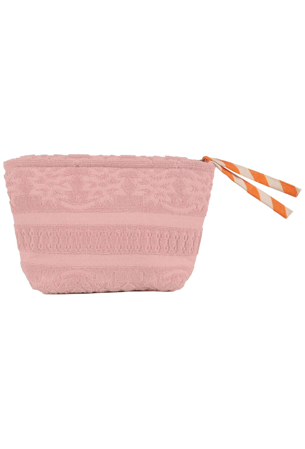 A light pink textured pouch with a zipper closure and a striped orange and white pull tab, shown against a plain white background.