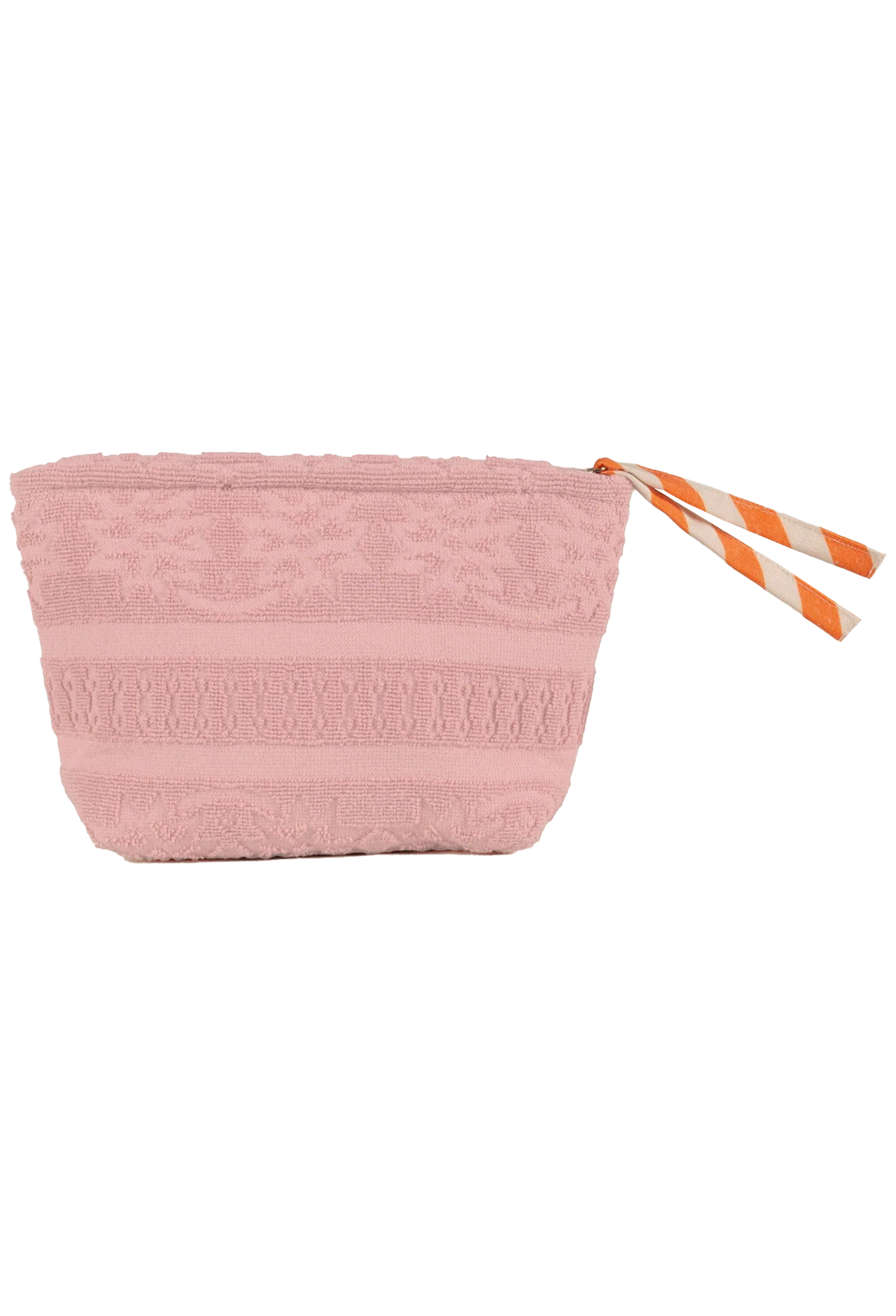 A light pink textured pouch with a zipper closure and a striped orange and white pull tab, shown against a plain white background.