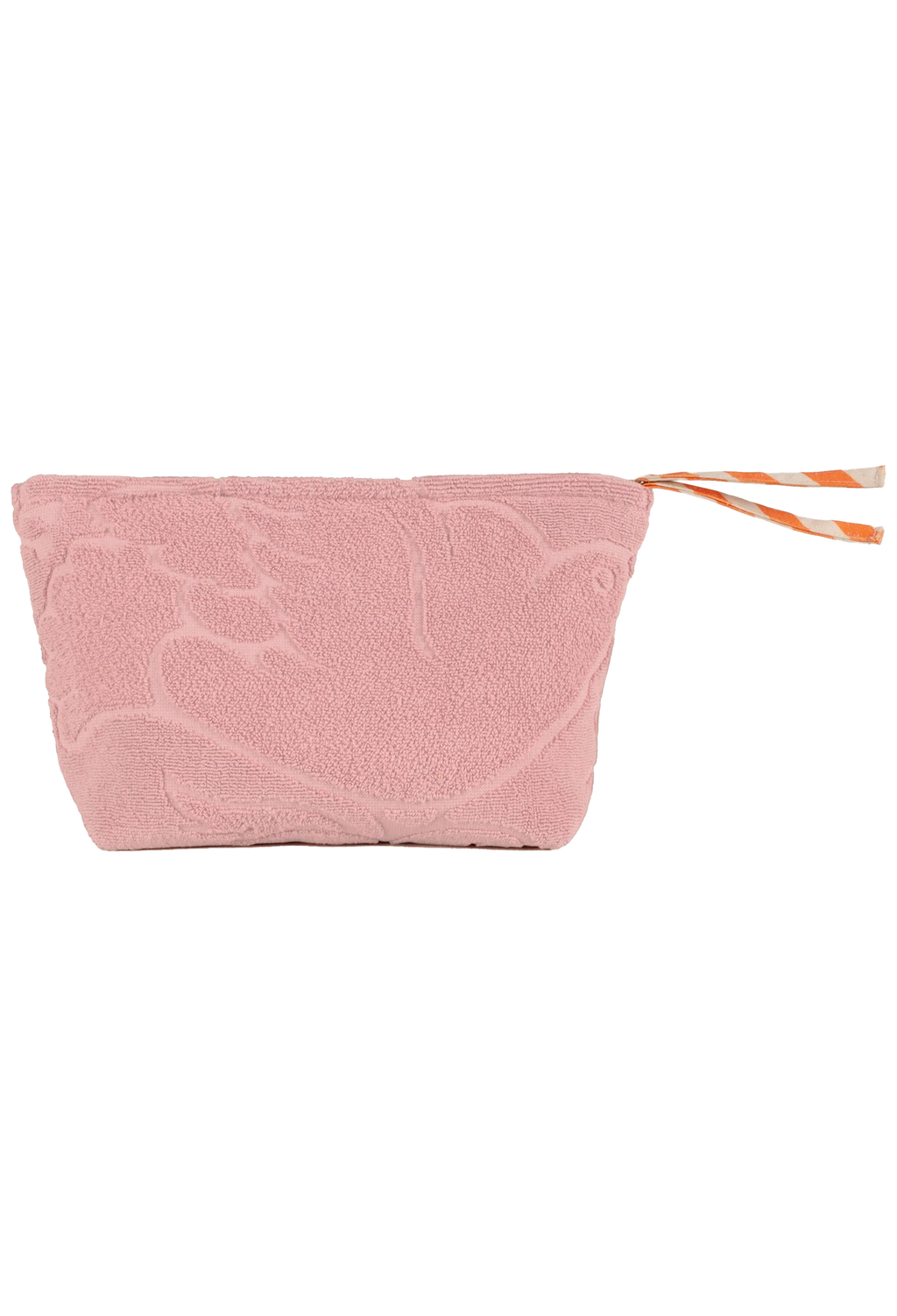 A dusty pink textured pouch with a subtle pattern, featuring a small orange and white striped zipper pull tab on the right side, set against a plain white background.
