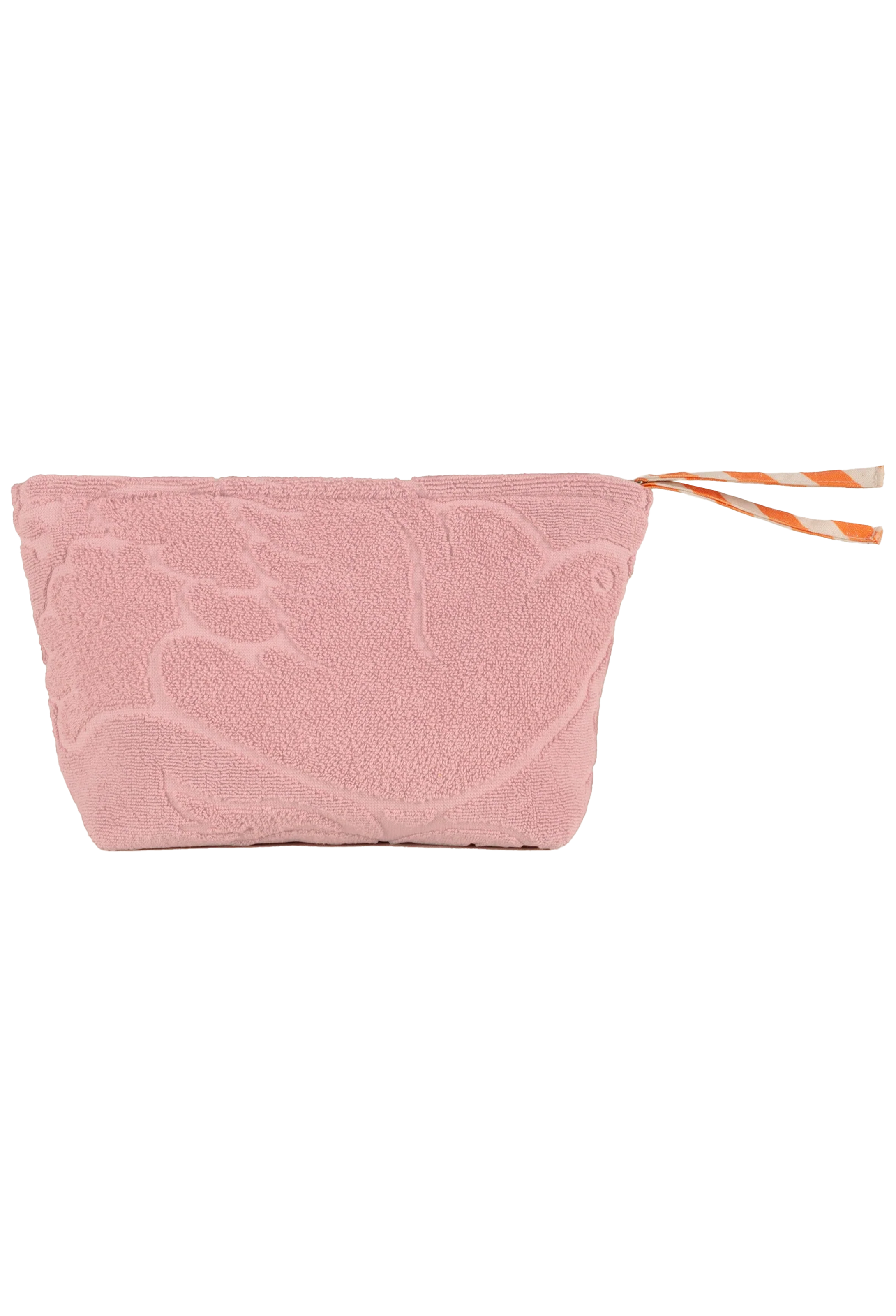 A dusty pink textured pouch with a subtle pattern, featuring a small orange and white striped zipper pull tab on the right side, set against a plain white background.