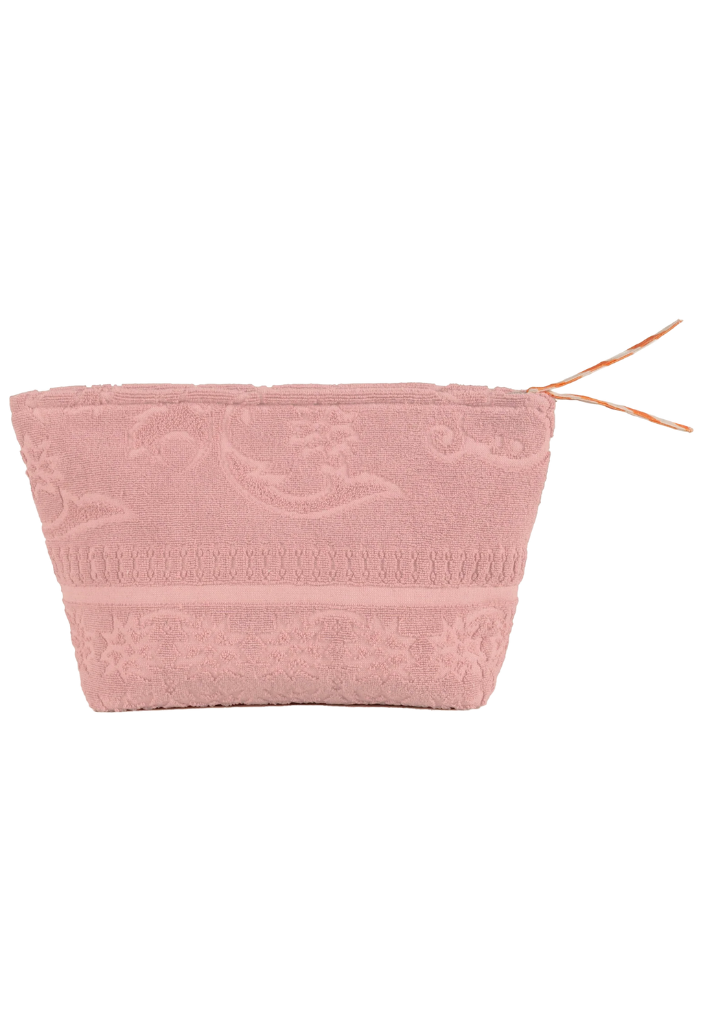 A dusty pink textured pouch with a subtle embossed floral pattern and a matching drawstring zipper, shown against a plain white background.