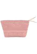 A dusty pink textured pouch with a subtle embossed floral pattern and a matching drawstring zipper, shown against a plain white background.