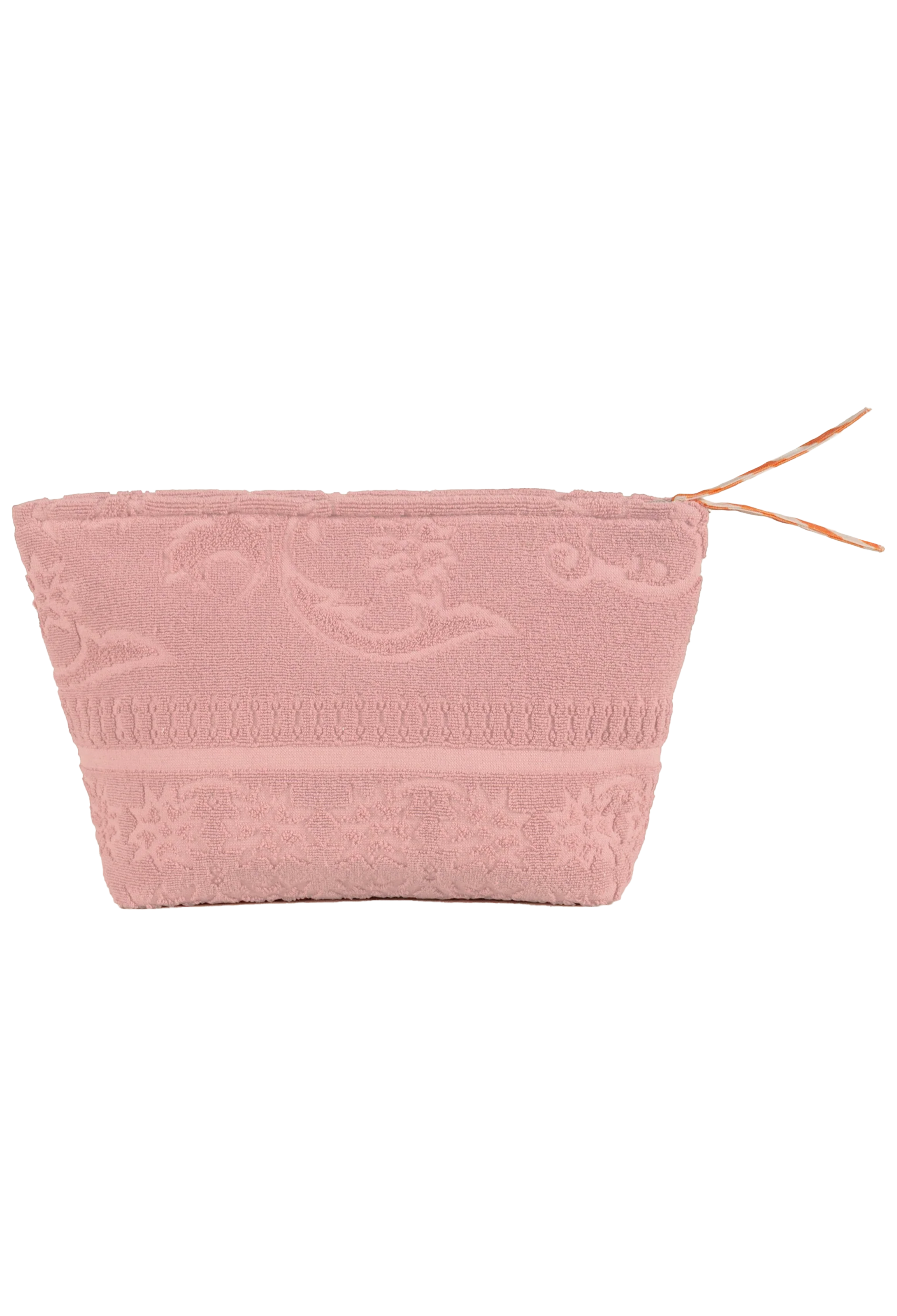 A dusty pink textured pouch with a subtle embossed floral pattern and a matching drawstring zipper, shown against a plain white background.