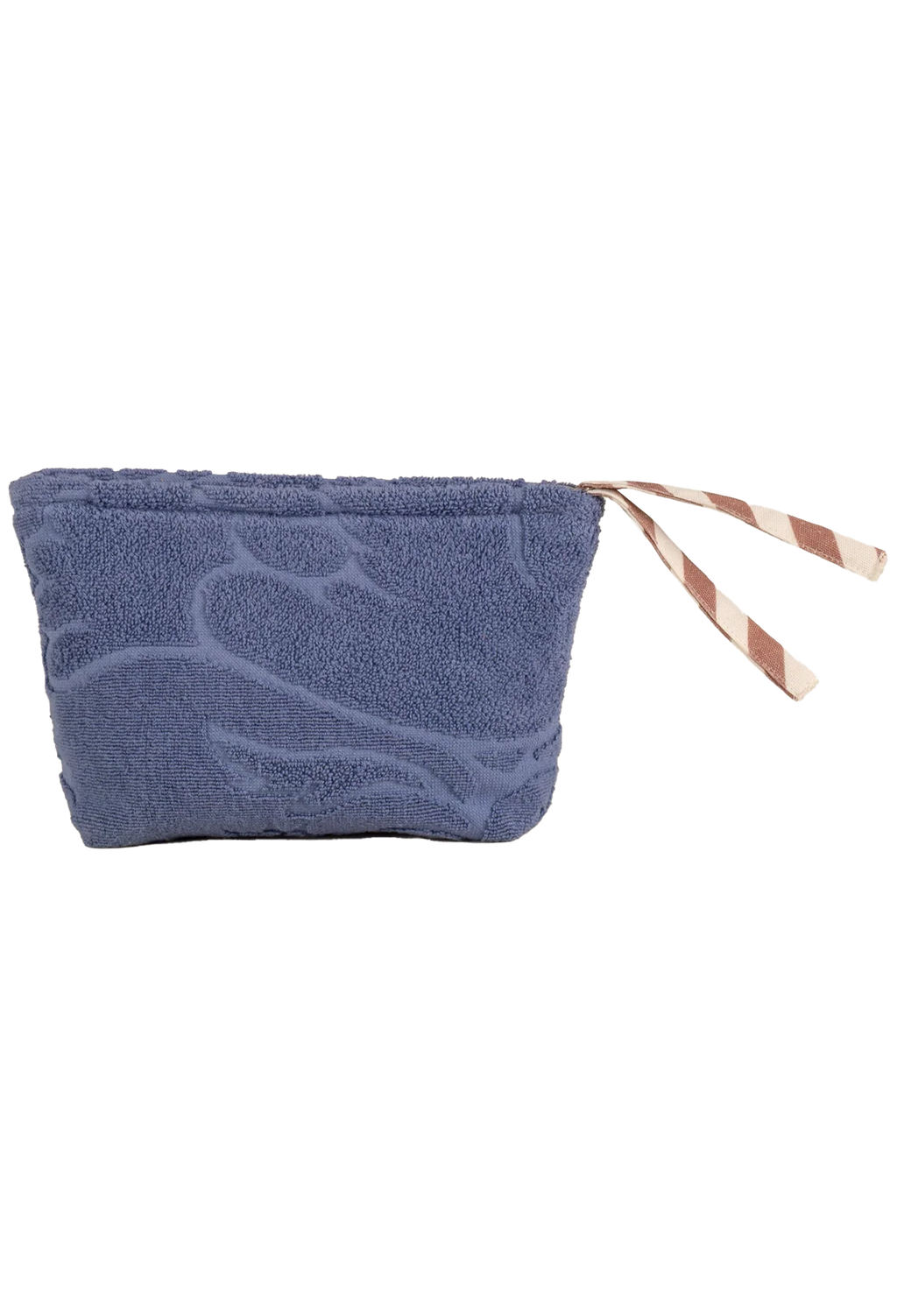 A dusty blue textured pouch with a tonal  design, featuring a striped brown and white zipper pull, shown on a plain white background.