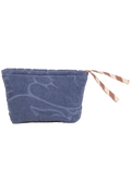A dusty blue textured pouch with a tonal  design, featuring a striped brown and white zipper pull, shown on a plain white background.