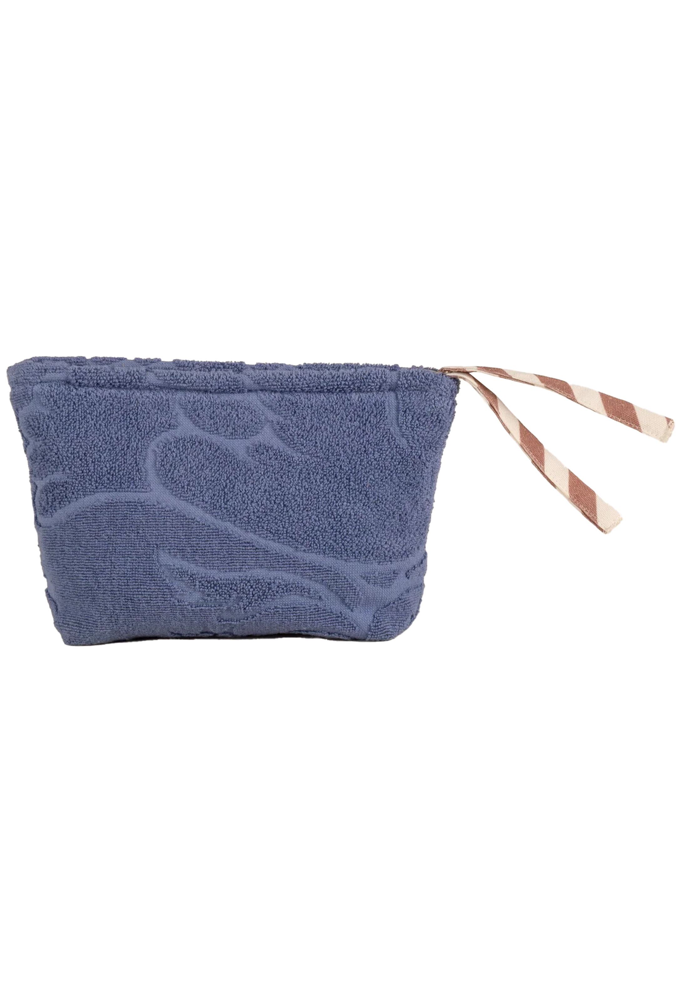 A dusty blue textured pouch with a tonal  design, featuring a striped brown and white zipper pull, shown on a plain white background.