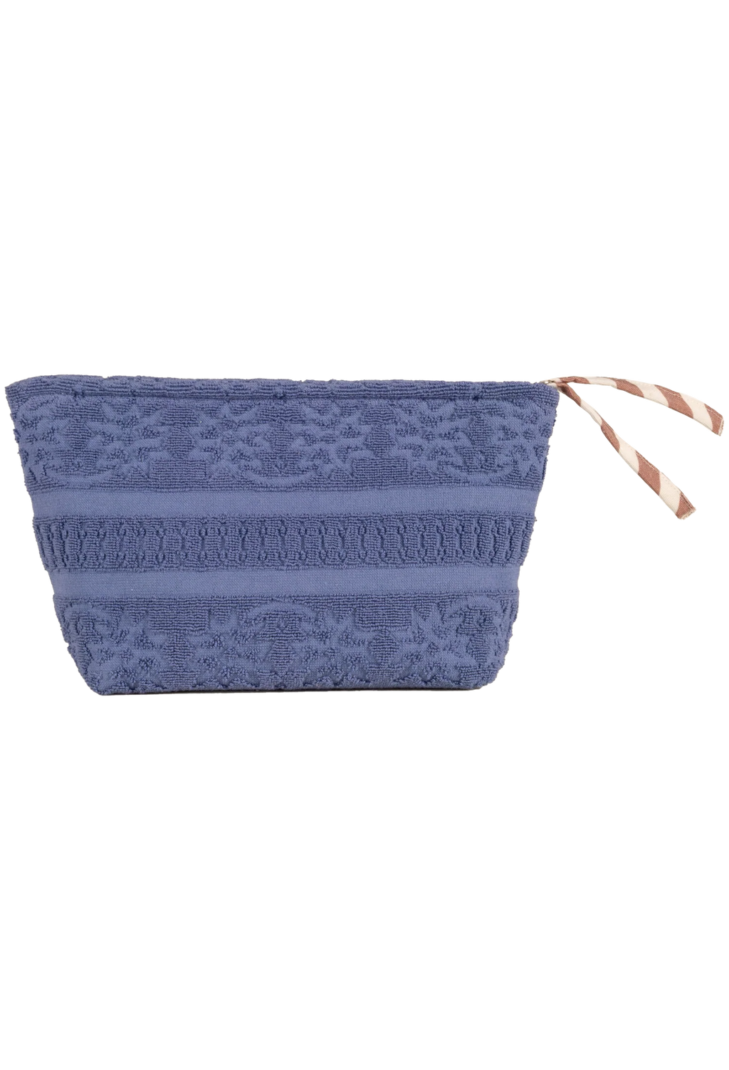 A blue textured zippered pouch with a striped drawstring detail, shown against a plain white background.