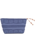 A blue textured zippered pouch with a striped drawstring detail, shown against a plain white background.