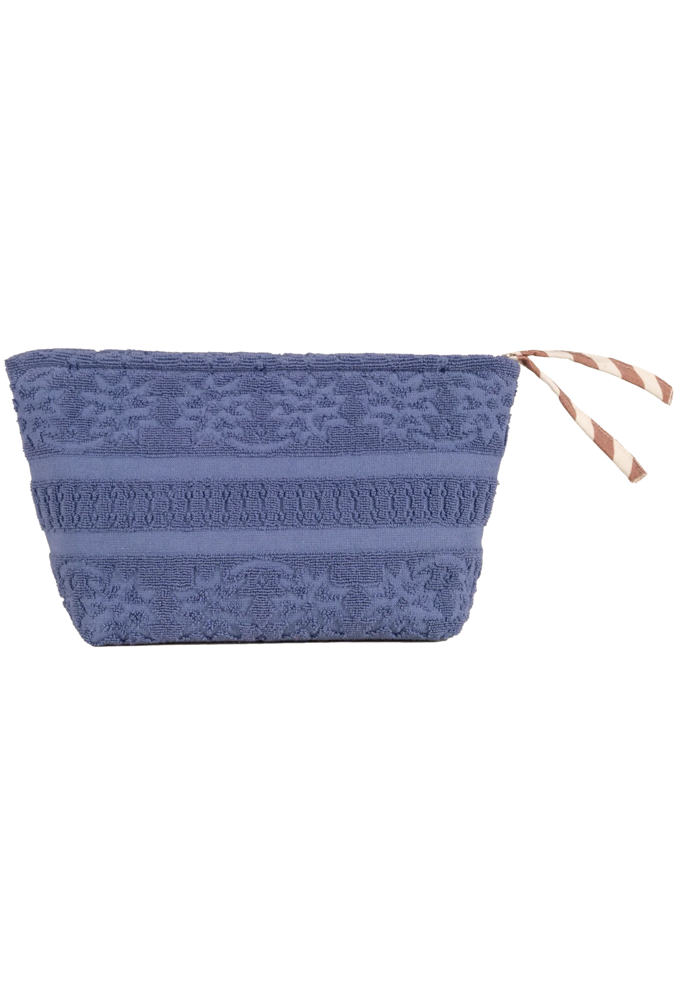 A blue textured zippered pouch with a striped drawstring detail, shown against a plain white background.