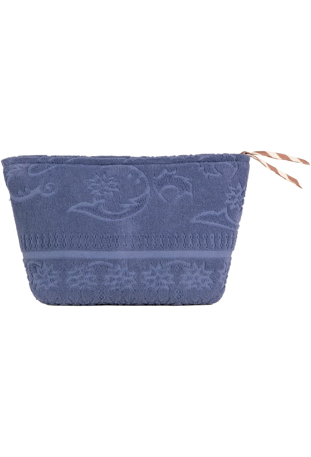 A dusty blue plush pouch with an embossed floral pattern and a small brown striped zipper pull, shown on a plain white background.