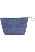 A dusty blue plush pouch with an embossed floral pattern and a small brown striped zipper pull, shown on a plain white background.