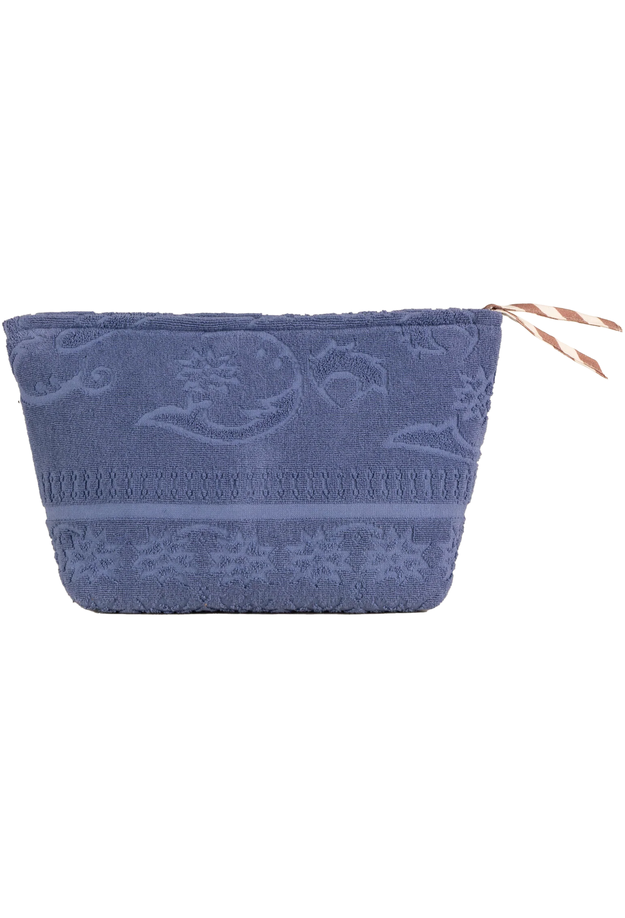 A dusty blue plush pouch with an embossed floral pattern and a small brown striped zipper pull, shown on a plain white background.