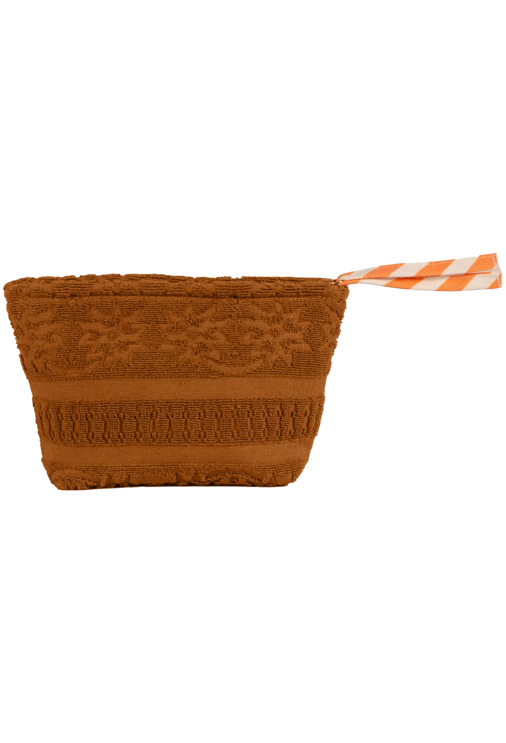 A brown textured pouch with a striped orange and white zipper pull, shown against a plain white background.