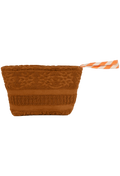 A brown textured pouch with a striped orange and white zipper pull, shown against a plain white background.