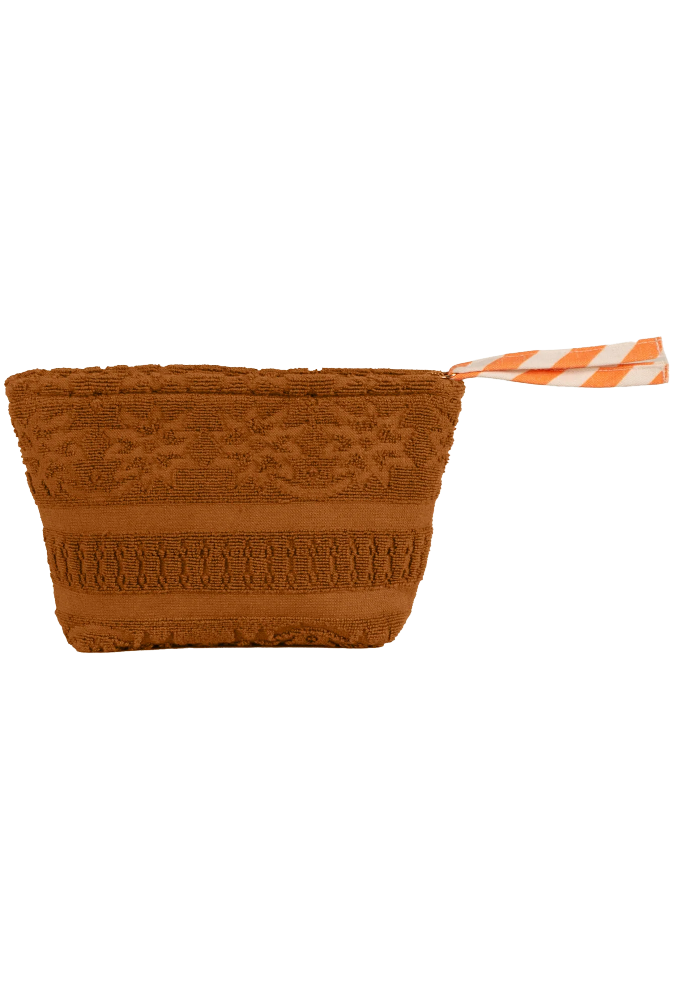 A brown textured pouch with a striped orange and white zipper pull, shown against a plain white background.