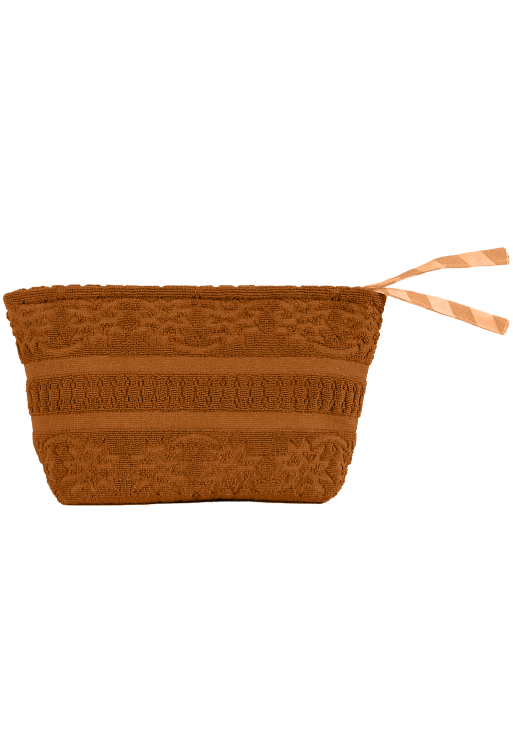 A brown textured pouch with horizontal knit-like bands and a peach-colored ribbon pull, shown against a plain white background.