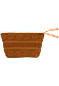 A brown textured pouch with horizontal knit-like bands and a peach-colored ribbon pull, shown against a plain white background.