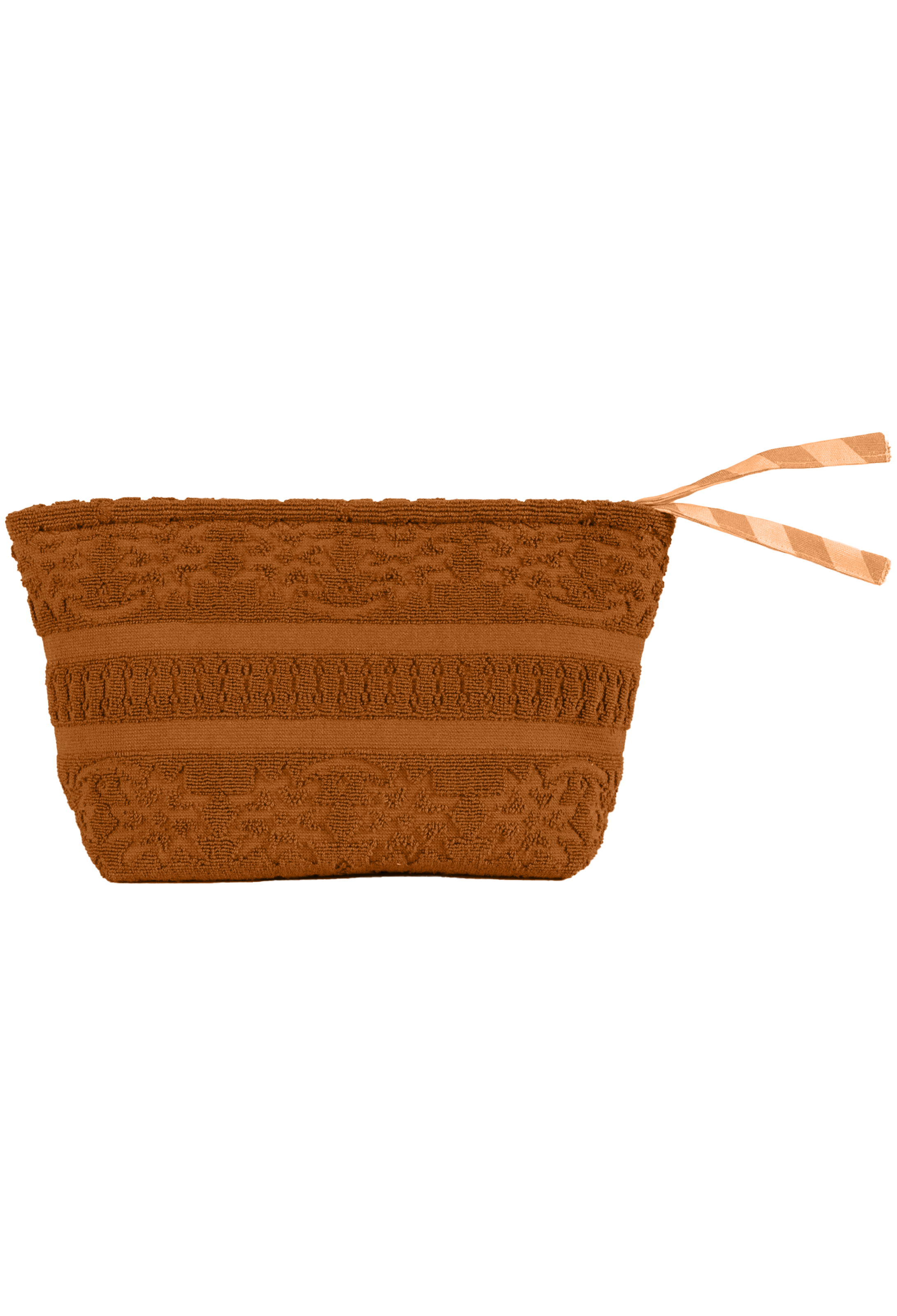 A brown textured pouch with horizontal knit-like bands and a peach-colored ribbon pull, shown against a plain white background.