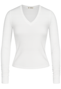 A white long-sleeve V-neck tee with a fitted silhouette, shown on a plain white background.