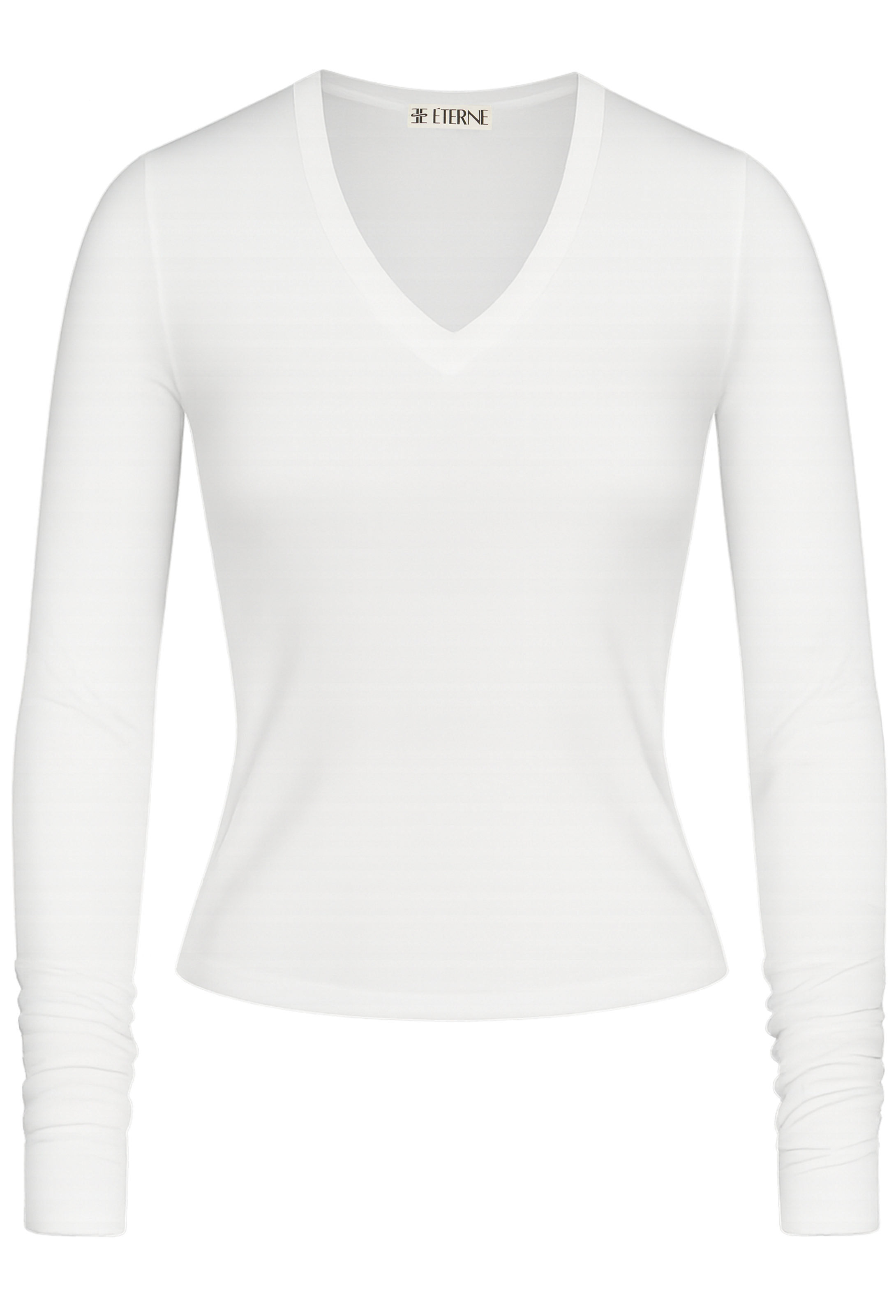 A white long-sleeve V-neck tee with a fitted silhouette, shown on a plain white background.