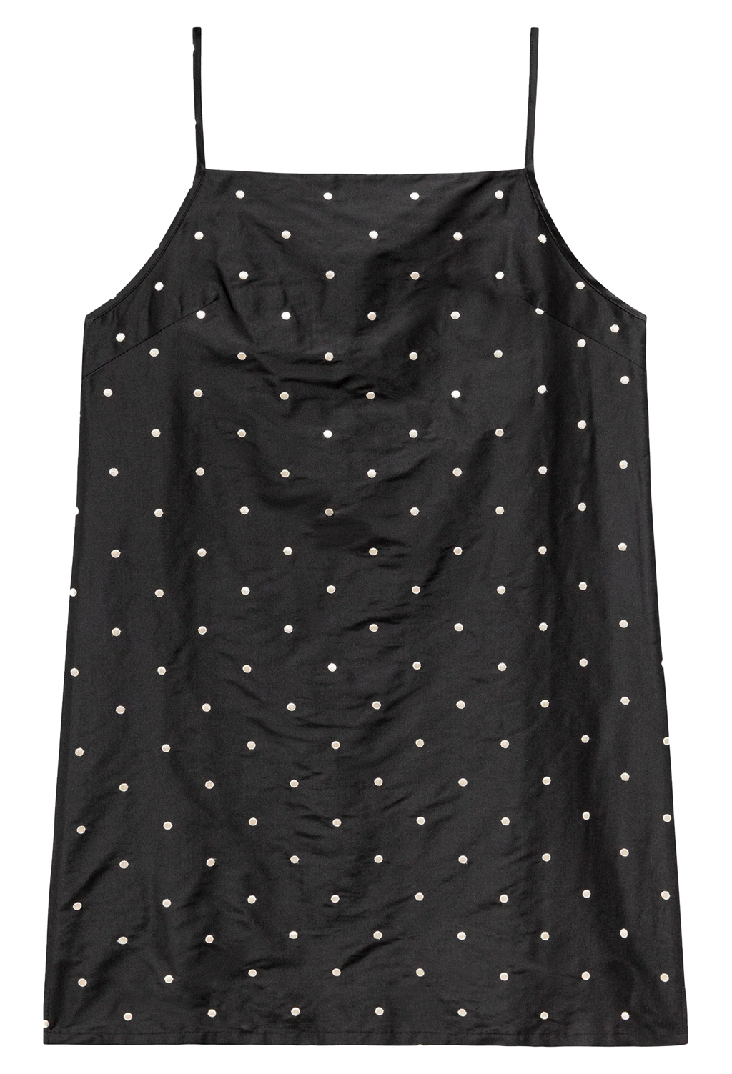 A black spaghetti-strap slip dress with a white polka dot pattern, shown flat against a solid white background.