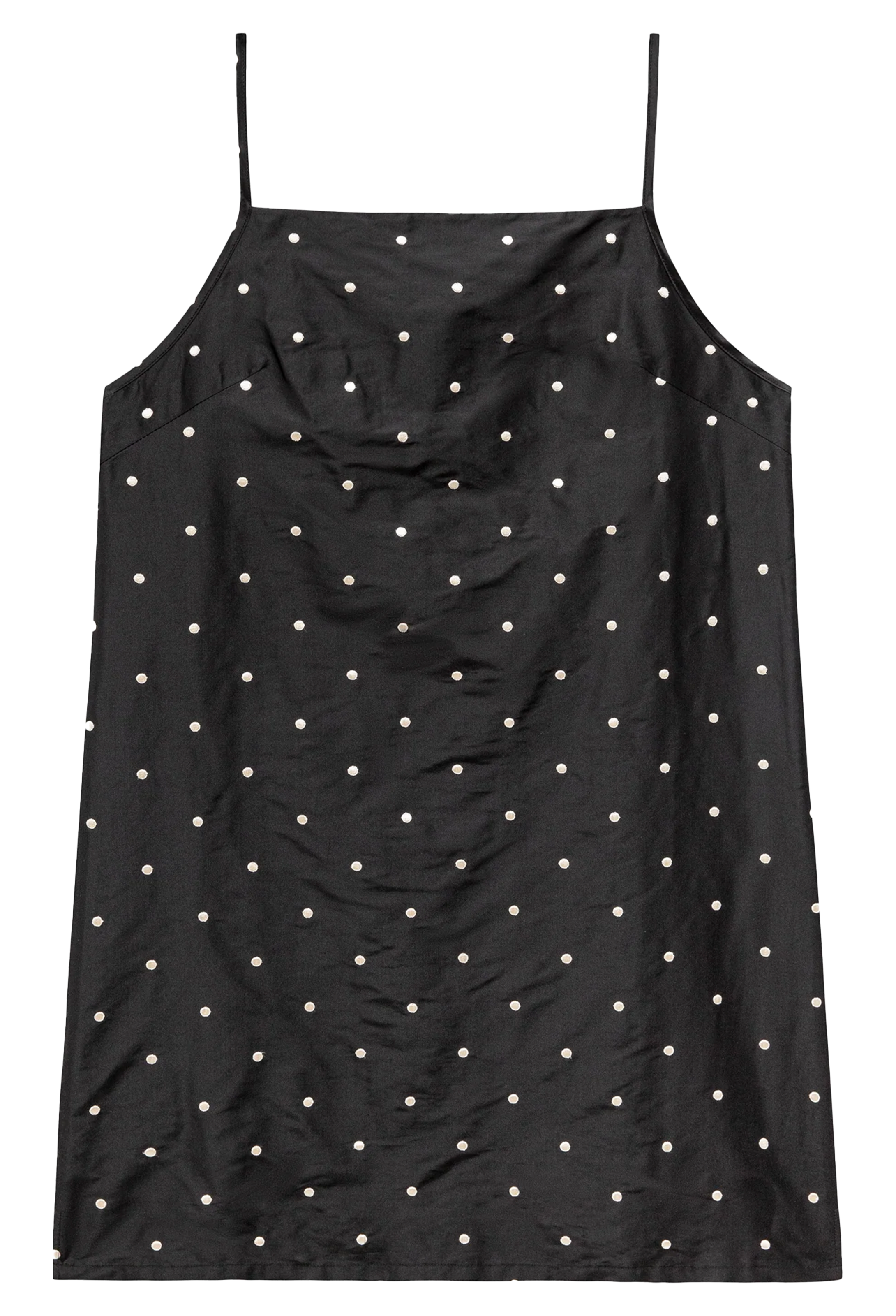 A black spaghetti-strap slip dress with a white polka dot pattern, shown flat against a solid white background.