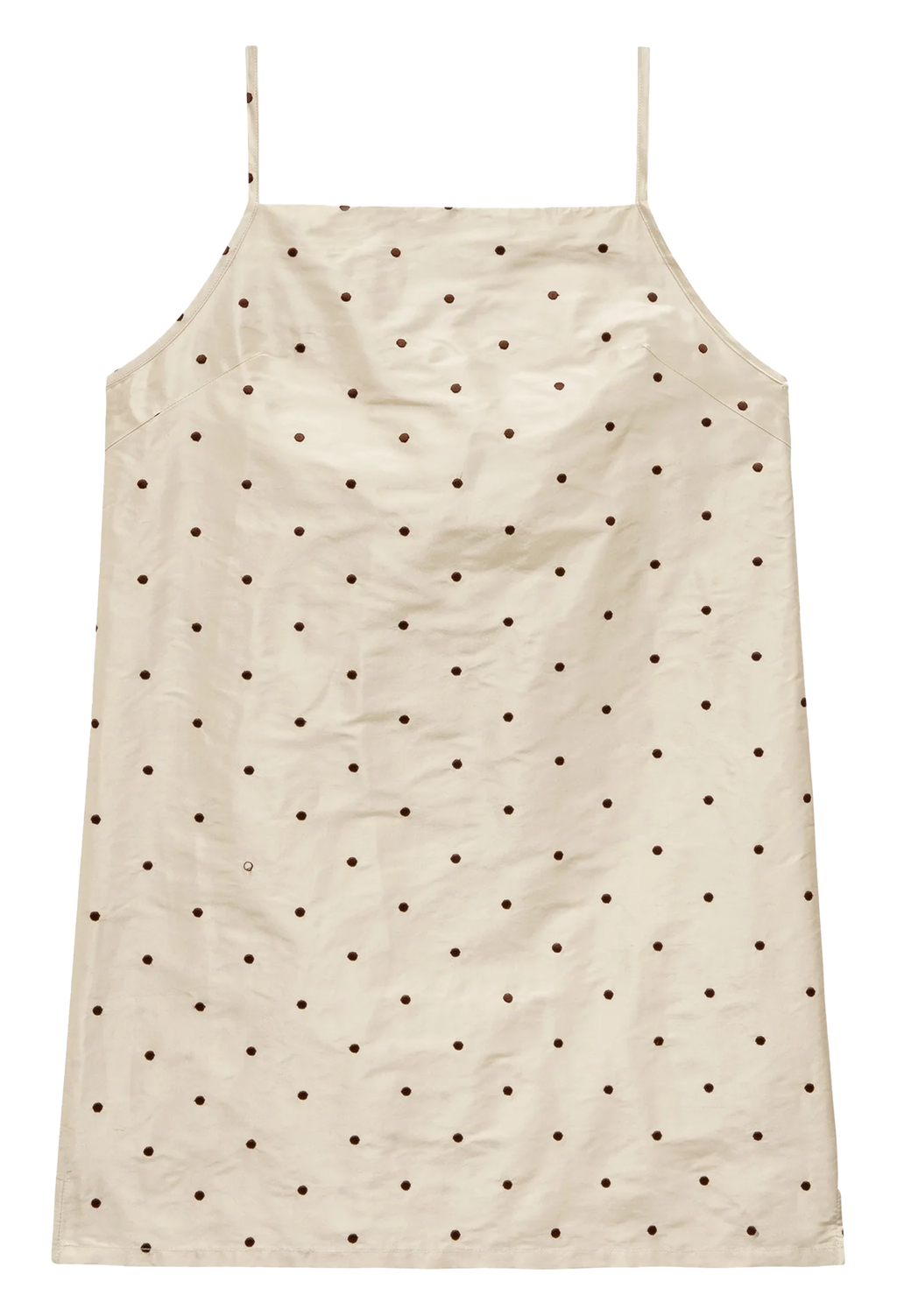 An off-white cotton slip dress with thin straps and a small brown polka dot pattern, shown flat against a white background.