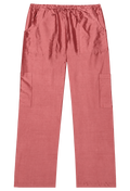 A pair of dusty rose pink wide-leg pants with an elastic drawstring waist, side pockets, and large patch pockets on the legs, shown flat against a white background.
