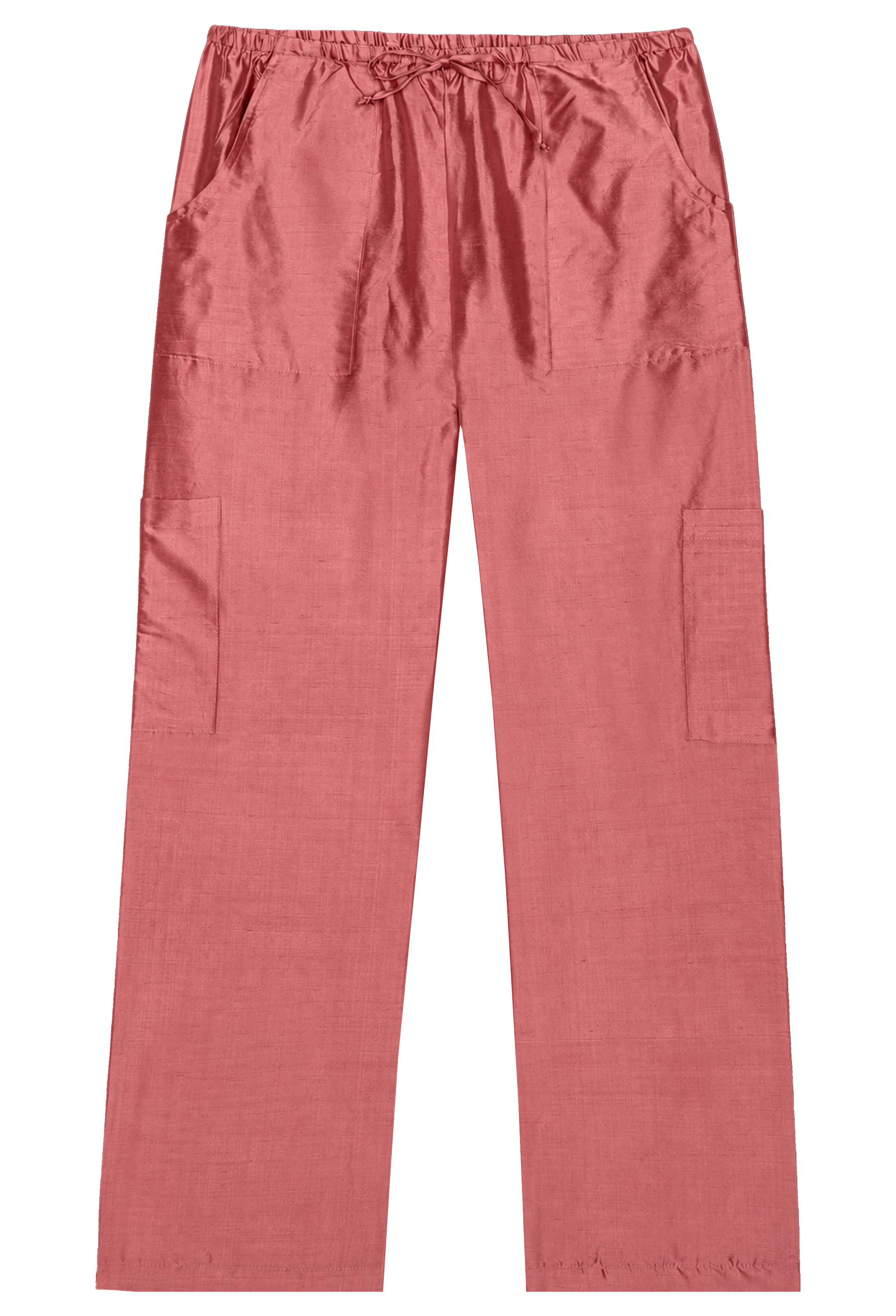 A pair of dusty rose pink wide-leg pants with an elastic drawstring waist, side pockets, and large patch pockets on the legs, shown flat against a white background.