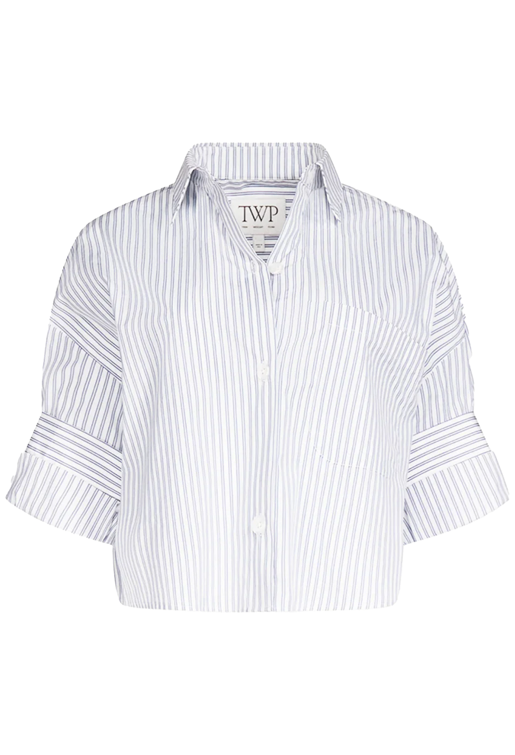 A cropped white button-up shirt with thin vertical navy blue stripes, featuring three-quarter sleeves with rolled cuffs and a pointed collar. 