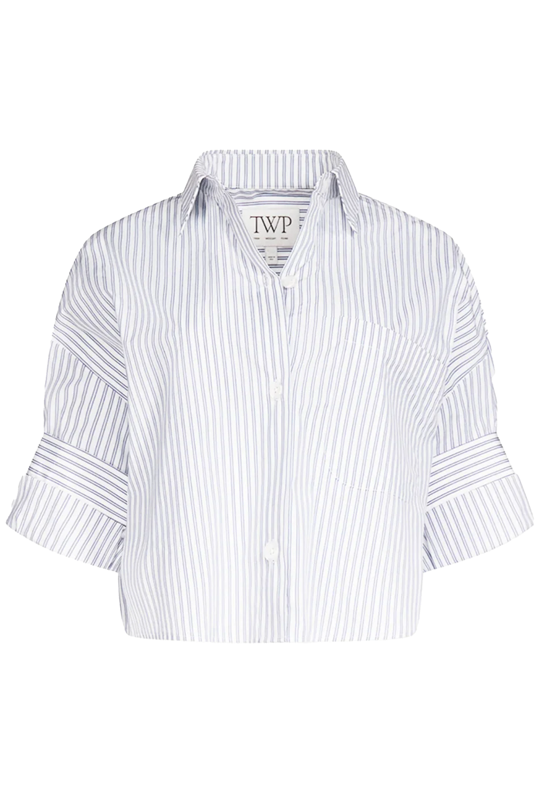 A cropped white button-up shirt with thin vertical navy blue stripes, featuring three-quarter sleeves with rolled cuffs and a pointed collar. 