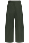 A pair of dark olive green wide-leg trousers shown flat against a solid white background.