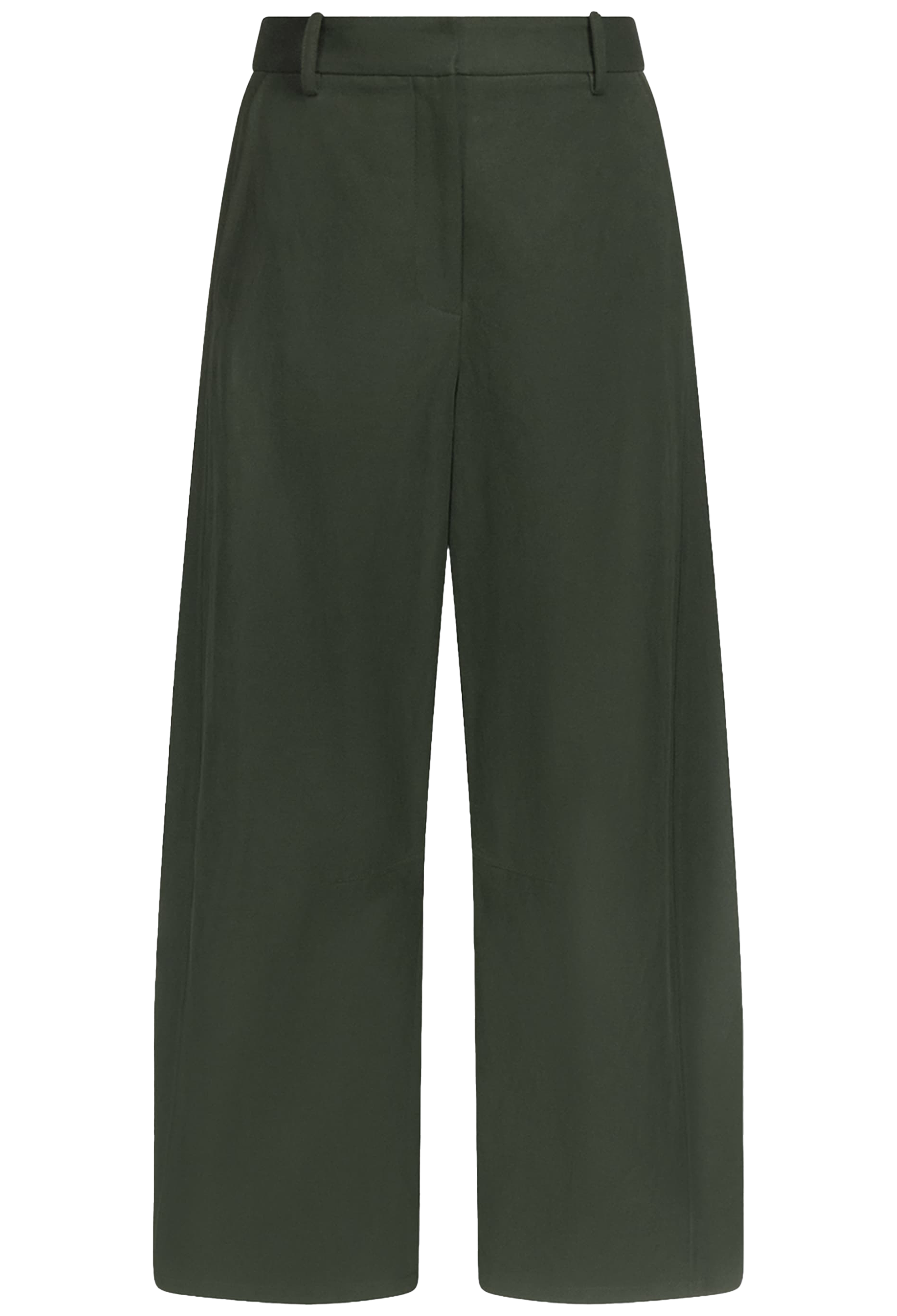 A pair of dark olive green wide-leg trousers shown flat against a solid white background.