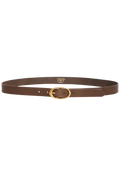 A brown leather belt with a gold-tone oval buckle displayed against a solid white background.