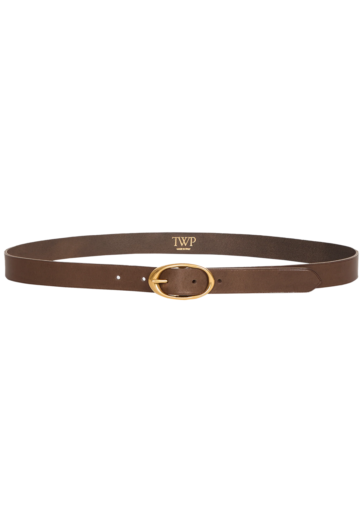 A brown leather belt with a gold-tone oval buckle displayed against a solid white background.