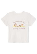 A white short-sleeve crewneck t-shirt featuring a cartoon Winnie the Pooh graphic with the text 'Happiness is a Furry Friend' in a dusty pink font.